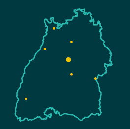 Karte von Baden-Württemberg mit den sieben Standorten der Komm.ONE in Stuttgart, Reutlingen, Ulm, Karlsruhe, Freiburg, Heidelberg, Heilbronn