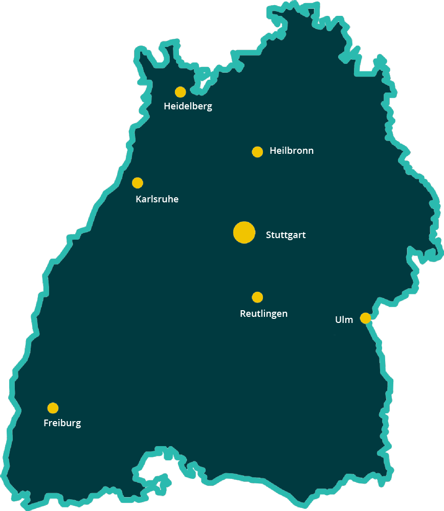 Karte von Baden-Württemberg mit den Standorten von Komm.ONE in Stuttgart, Karlsruhe, Heilbronn, Heidelberg, Reutlingen, Ulm, Freibrug