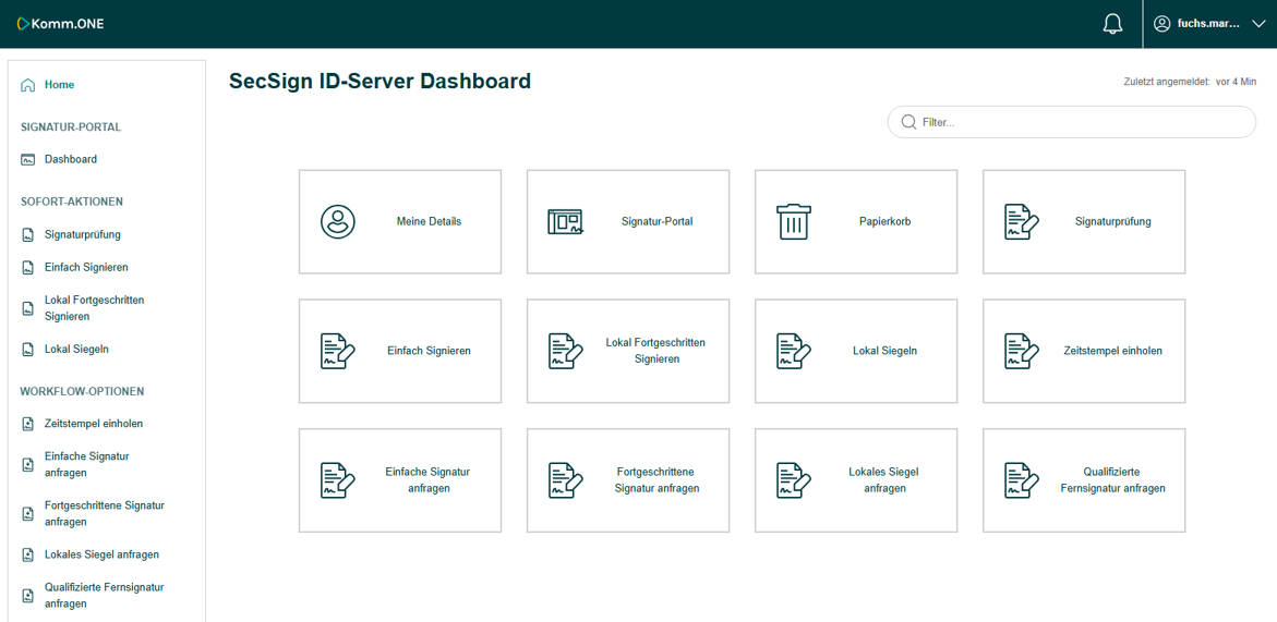 Das Dashboard ermöglicht den Überblick über Signatur- und Siegelvorgänge.